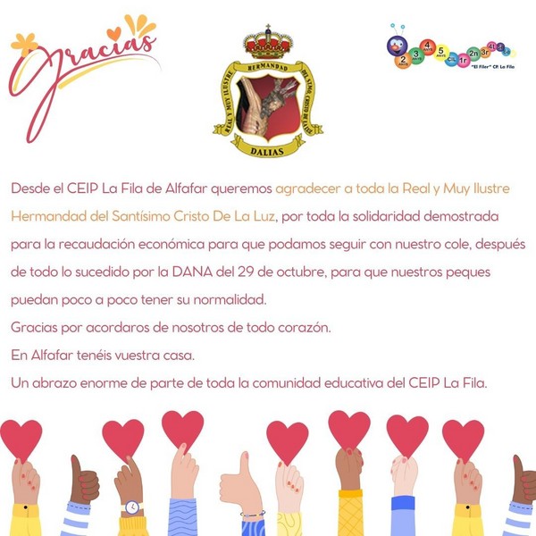 Recibimos los agradecimientos del CEIP la Fila de Alfafar