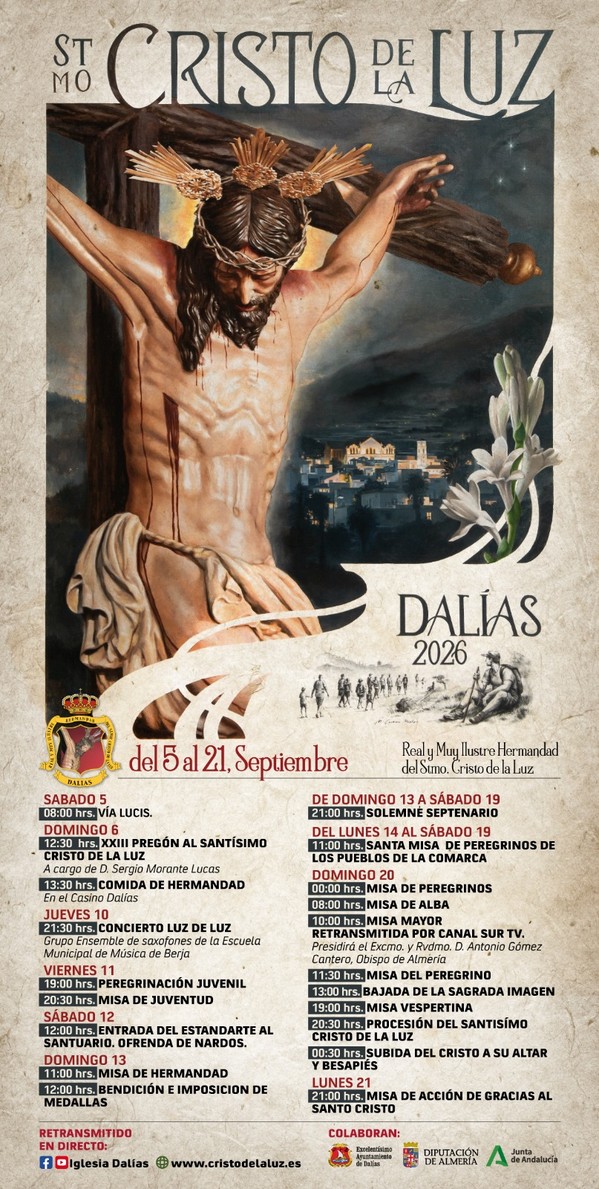 La Real y Muy Ilustre Hermandad del Santísimo Cristo de la Luz presenta la programación oficial para las Fiestas y Cultos de Dalías 2026